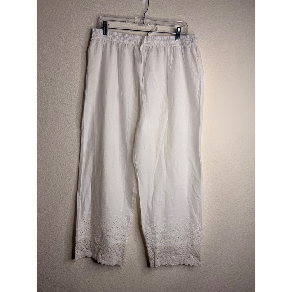 Melange Eyelet Boho Trim Pants Womens XXL White Cotton Cropped Coastal resort